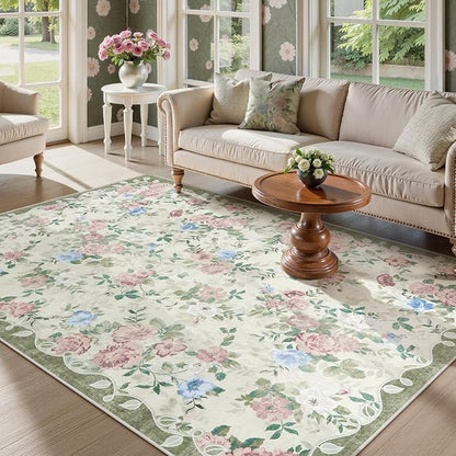 Lahome Floral Washable 5x7 Rug, Boho Area Rug for Bedroom,Vintage Living Room Rugs Non Slip Low Pile Ultra-Thin Large Carpet for Farmhouse,Dining Room,Kids Playroom Nina(5'X7',Cream/Green)