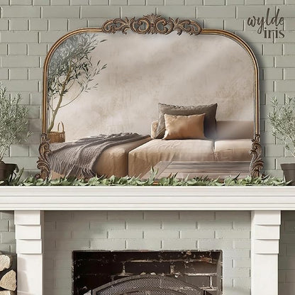 Wylde Iris English Estate Carved Arch Wood Wall Mirror, Mirror for Entryway, Living Room, Bathroom, Antique Gold, 30.6x41