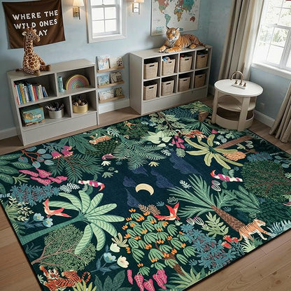 LIVEBOX Washable Bedroom Rug 8x10 Under Bed, Modern Stain Resistant Dark Green Botanical Rug for Living Room Playroom Kids Boy Room, Non-Slip Jungle Forest Print Rugs for Nursery Baby