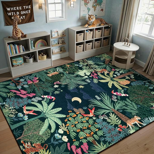 LIVEBOX Washable Bedroom Rug 8x10 Under Bed, Modern Stain Resistant Dark Green Botanical Rug for Living Room Playroom Kids Boy Room, Non-Slip Jungle Forest Print Rugs for Nursery Baby