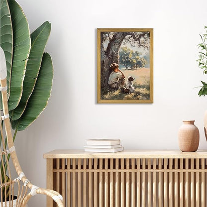 Wood Framed Canvas Wall Art, Vintage Boy and Dog Painting Poster, Countryside Pastoral Landscape Print Picture, Rustic Farmhouse Wall Decor for Living Room Bedroom Nursery 12x16 inch