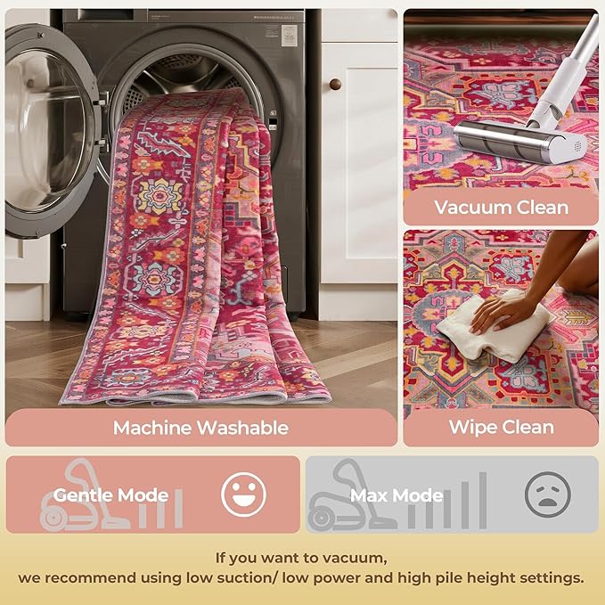 Kokia 6x9 Washable Magenta Hot Pink Area Rugs with Vintage Orient Design Soft Rug for Living Room or Home Office Non-Slip Low Pile Stain Resistance Features Distressed Medallion Pattern