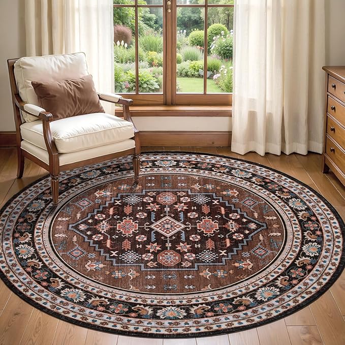 Tangsoo Vintage 4ft Round Area Rug,Washable Circle Rug Small Boho Round Rug Soft Brown Beige Low-Pile Circular Carpet for Bedroom Entryway Kids Room Office College Dorm Living Room
