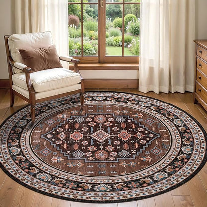 Tangsoo Vintage 4ft Round Area Rug,Washable Circle Rug Small Boho Round Rug Soft Brown Beige Low-Pile Circular Carpet for Bedroom Entryway Kids Room Office College Dorm Living Room