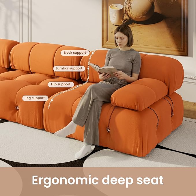 104'' Modular Sectional Sofa, Modern Luxury Velvet Bubble Couch, Deep Seat Cloud Sectional Couches for Living Room, Apartment (3 Seats, Orange)