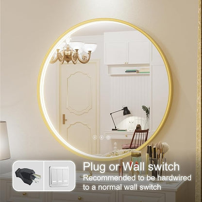 36 Inch Round LED Bathroom Mirror with Bluetooth, 3 Color Temperatures (3000K/4500K/6000K), Anti-Fog, Adjustable Brightness, CRI 90+, Gold Frame Round Mirror with Light