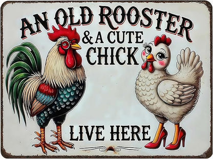 Vintage Chicken Coop Metal Signs Funny Farmhouse Tin Sign An Old Rooster & A Cute Chick Live Here Metal Sign Funny Tin Signs for Chicken Coop Farm Kitchen Garden Yard Decor