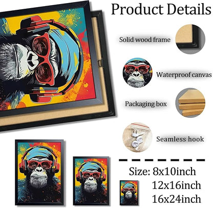 Framed Cool Monkey Wall Art, With Headphones and Sunglasses Chimp Wall Decor, Colorful Graffiti Canvas Print Poster, Cool Animal Oil Painting for Boys Bedroom Gaming Room Home Decor 12x16 Inch
