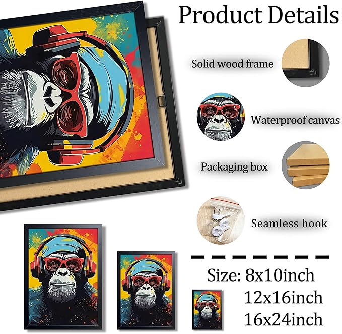 Framed Cool Monkey Wall Art, With Headphones and Sunglasses Chimp Wall Decor, Colorful Graffiti Canvas Print Poster, Cool Animal Oil Painting for Boys Bedroom Gaming Room Home Decor 8x10 Inch