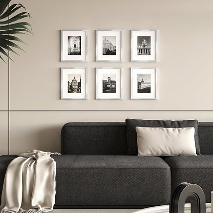 8x10 Picture Frame Set of 6, Display Pictures 5x7 with Mat or 8x10 Without Mat for Tabletop Display and Wall Mounting,Silver