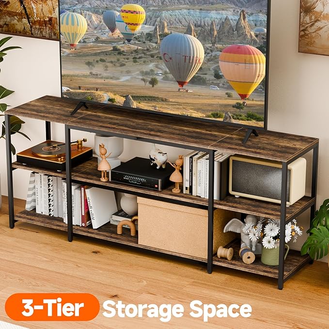 Aquzee TV Stand for 65 Inch TV, 58.3” Wide Entertainment Center with Open Storage, Wood & Metal Console Table and Media Furniture for Living Room Bedroom, Rustic Brown