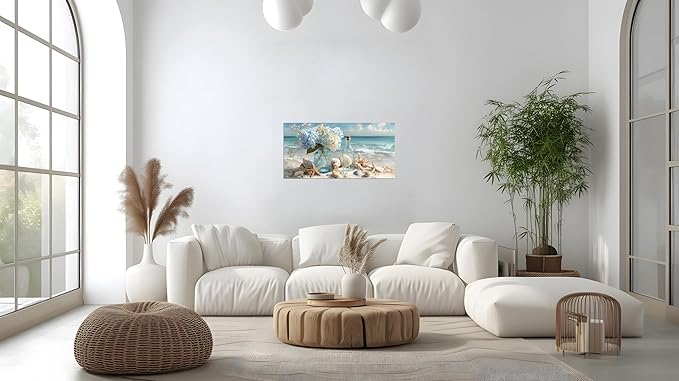 TutuBeer 1 Panel Blue Ocean Beach Bathroom Canvas Wall Art Seaside Seashell Painting Print Artwork Starfish with White Flower Coastal Bathroom Canvas Wall Art for Living Room Bedroom Bathroom 8"x16"