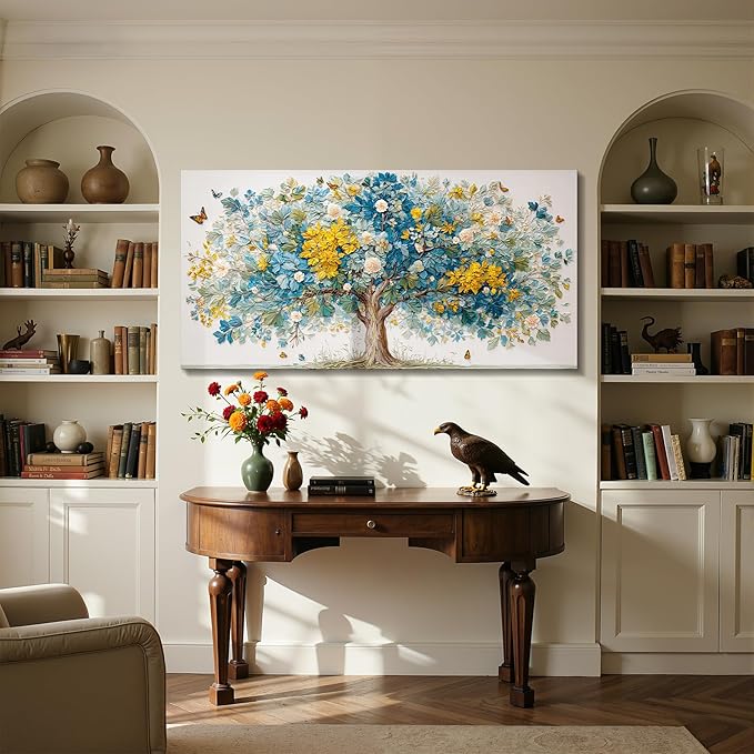 imjiayu Tree of Life Wall Art, Oversized Wall Art, Family Tree Wall Decor, Nature Butterfly Flower Plant Painting Prints, Modern Extra Large Pictures for Living Room Dining Room Office Hotel 29"x57"