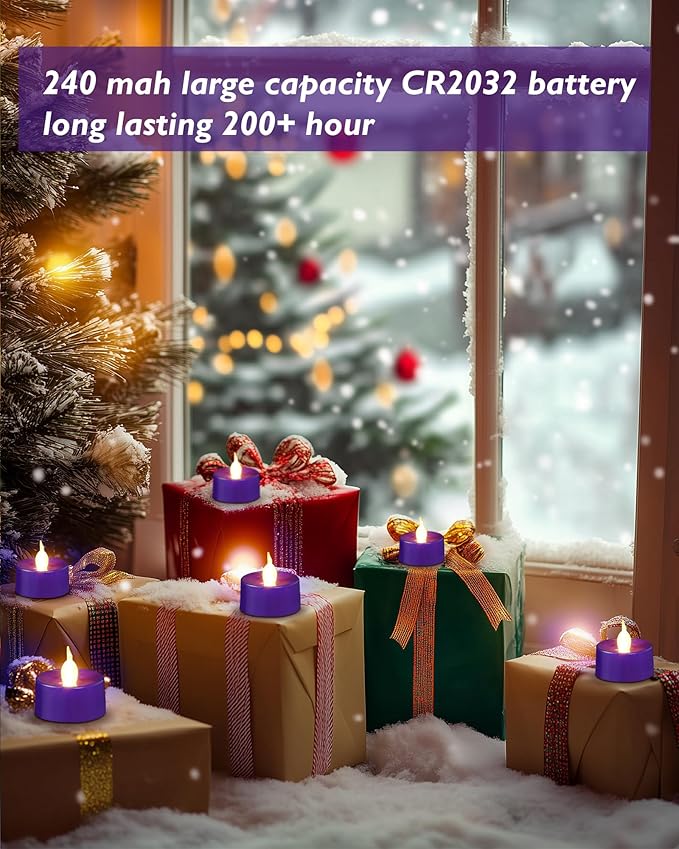 merrynights Purple LED Candles, 12 Pack Tea Lights Candles Battery Operated, Flameless Tealight Candle, Realistic Tea Lights for Halloween Christmas Party Decor Mardi Gras