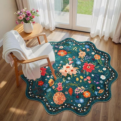Macgace Dark Green Round Rug for Girls Bedroom, 4ft Machine Washable Floral Area Rugs with Non Slip Backing, Cute Flower Carpet Kitchen Living Room Kids Playroom Decor