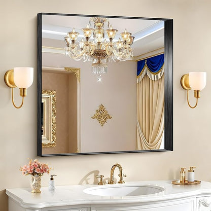 CIRCUMI Black Bathroom Mirror, 36"x36" Rectangular Mirror with Deep Metal Frame, Brushed Finish, Tempered Glass, Mirror for Wall, Oversink, Bedroom, Installed Vertically/Horizontally, Crystal-Clear