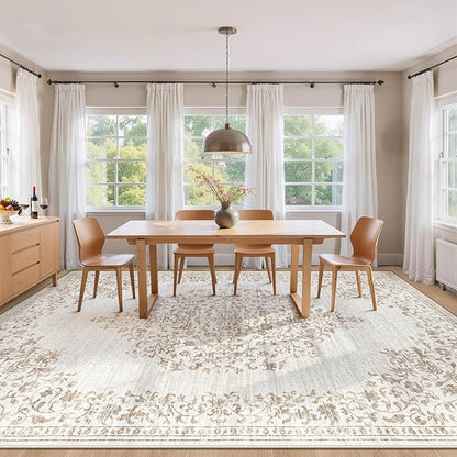 Area Rug 9x12 Vintage Rug: Large Washable Indoor Medallion Rugs Low Pile Distressed Floor Carpet Retro Accent Rug for Living Room Bedroom Kitchen Dining Table Home Office(Vintage Beige, 9'x12')
