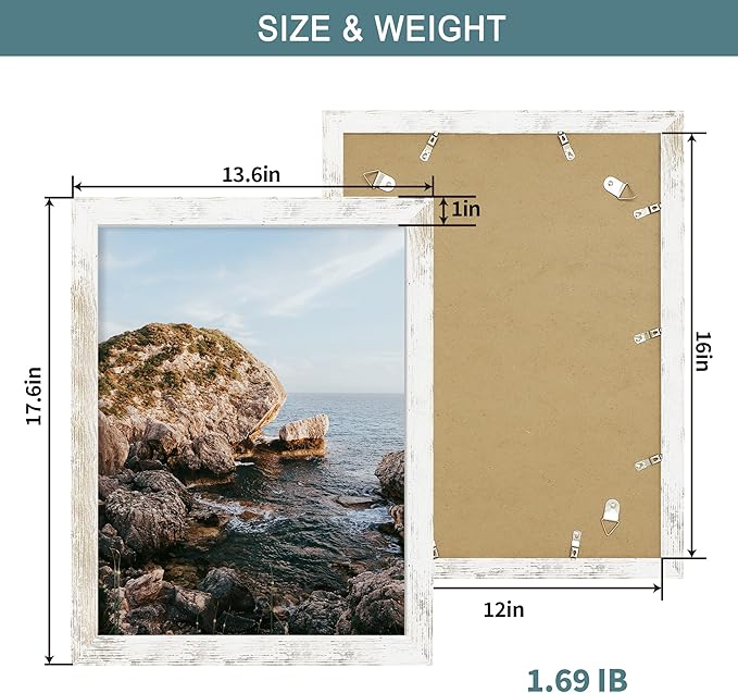 iRahmen 12x16 Picture Frame with Plexiglass - Wooden Poster Frame for Photo Wall Gallery Mounting (Distressed-White, Set of 2)