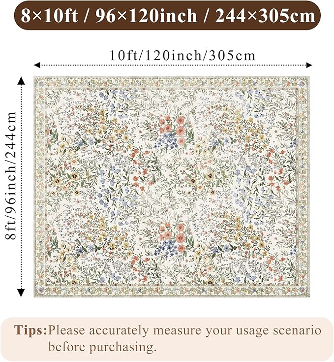 Washable Living Room Area Rug: 8x10 Bedroom Rugs - Farmhouse Distressed Printed Floral Carpet - Foldable Non-Shedding Floor Carpet for Dining Room 8'x10' Beige