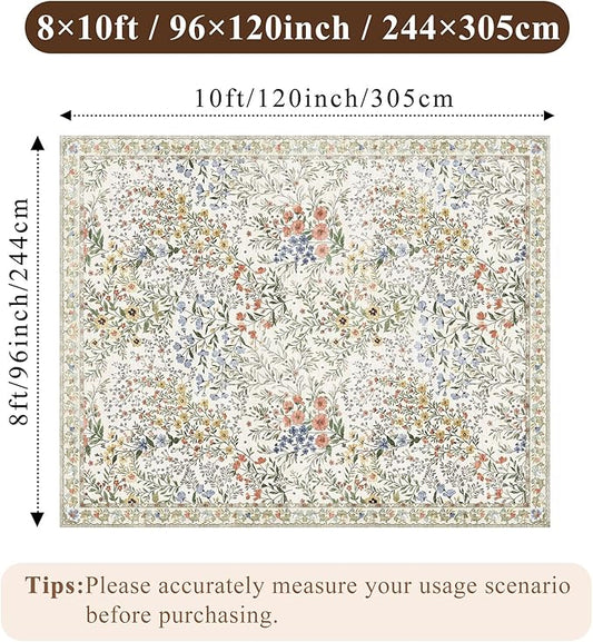 Washable Living Room Area Rug: 8x10 Bedroom Rugs - Farmhouse Distressed Printed Floral Carpet - Foldable Non-Shedding Floor Carpet for Dining Room 8'x10' Beige