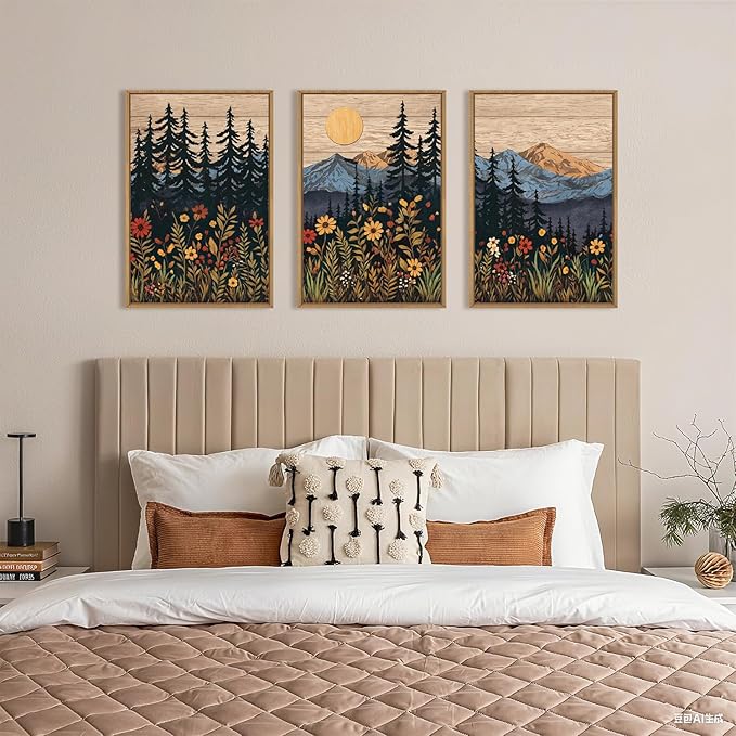 HOURIA Mid Century Woodland Mountain Framed Canvas Wall Art Set,Vintage Natural Sunset Wildflower Forest Field Decor,Wilderness Boho Floral Pine Tree Landscape Artwork for Living Room,Office-16"x24"x3