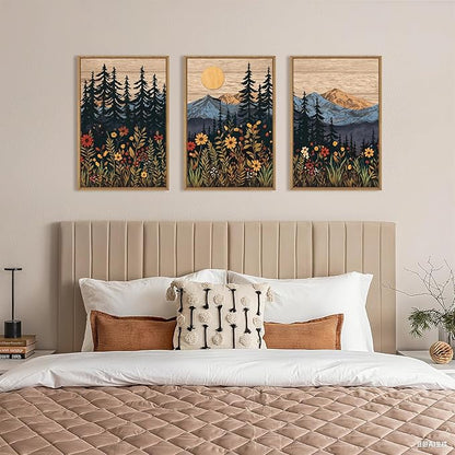 Houria Mid Century Woodland Mountain Framed Canvas Wall Art Set,Vintage Natural Sunset Wildflower Forest Field Decor,Wilderness Boho Floral Pine Tree Landscape Artwork for Living Room,Office-24"x36"x3