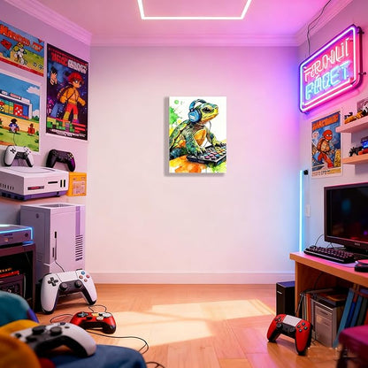 Graffiti DJ Sea Turtle Canvas Wall Art Modern Funny Print 12x16 inch Green Tortoise with Headphones Teen Boy Gaming Room Cool Framed Turtle Art Decor Kids Animal Bedroom Office Home Poster
