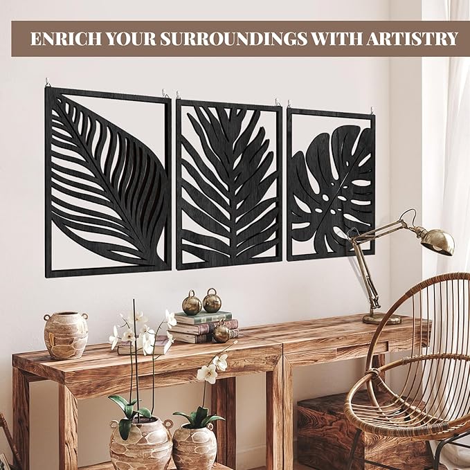 3PCS Black Tropical Wall Art, Wall Decor For Bedroom, Wall Art Decor Leaf Sign Walls Vintage Tropical Plant Wall Rustic Palm Leaf, Modern Wooden Walls Sculptures for for Living room, Bedroom, Office