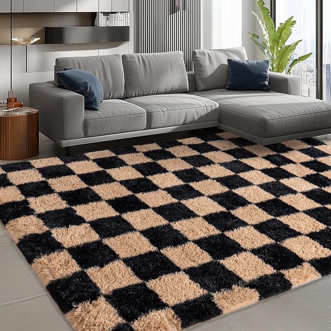 Shag Rugs for Living Room 6x9, Ultra Soft Checkered Black Beige Big Fuzzy Rugs for Bedroom, 6 x 9 Fluffy Shaggy Plush Carpet Kids Room Dorm Upgrade Non-Slip