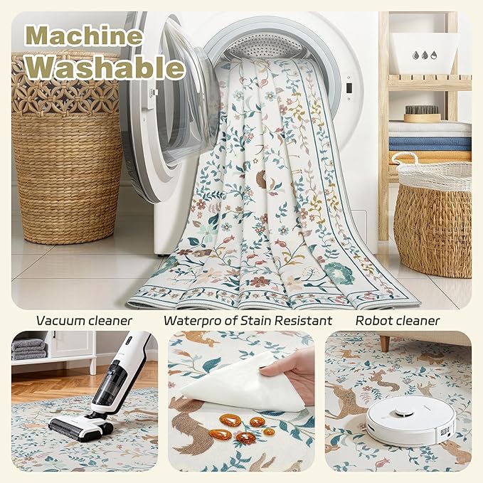6x9 Area Rugs Washable Rug: Lagre Boho Living Room Rug Soft Non-Slip Thin Carpet Indoor Floor Non-Shedding Neutral Floral Carpets for Bedroom Dining Room Farmhouse Nursery Cream Gray