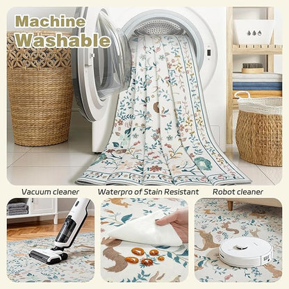 6x9 Area Rugs Washable Rug: Lagre Boho Living Room Rug Soft Non-Slip Thin Carpet Indoor Floor Non-Shedding Neutral Floral Carpets for Bedroom Dining Room Farmhouse Nursery Cream Gray