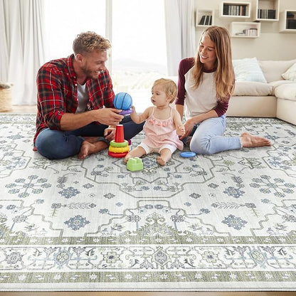 Area Rug 7x9 for Living Room - Washable Oriental Vintage Floral Distressed Large Indoor Carpets with Non Slip Back for Bedroom Dining Room Nursery Office Home Decor -Light Green