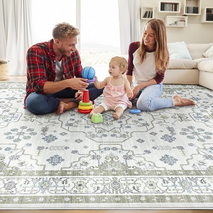 Area Rug 6x9 for Living Room - Washable Oriental Vintage Floral Distressed Large Indoor Carpets with Non Slip Back for Bedroom Dining Room Nursery Office Home Decor -Light Green