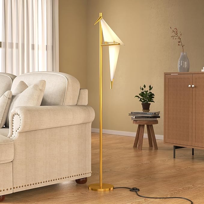 62 Inch Modern Bird Floor Lamp, Gold Bird Swing Floor Light Fixtures for Dining Room, LED Origami Swing Paper Crane Standing Floor Lamp for Living Room