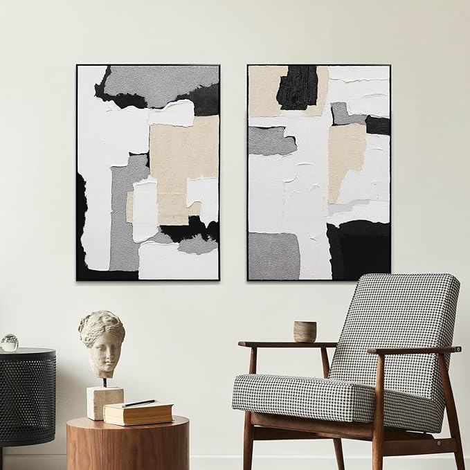 3D Textured Wall Art Hand-painted Neutral Black White Beige Tones Abstract Plaster Painting - Distressed Dimensional Minimalist Modern Living Room Bedroom Decor Framed Set of 2-24"x36" Each