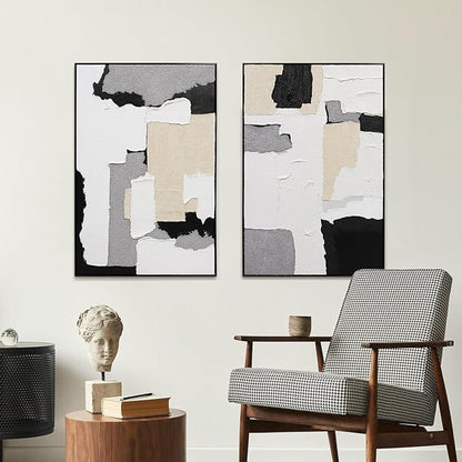 3D Textured Wall Art Hand-painted Neutral Black White Beige Tones Abstract Plaster Painting - Distressed Dimensional Minimalist Modern Living Room Bedroom Decor Framed Set of 2-24"x36" Each