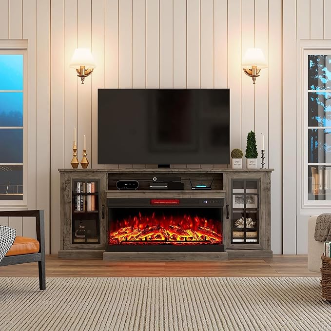 AMERLIFE 75in 3-Sided Glass Fireplace TV Stand for TVs up to 85", Rustic Fireplace Media Entertainment Center Console Cabinet Table with Glass Door Closed Storage, Wash Gray