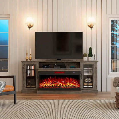 AMERLIFE 75in 3-Sided Glass Fireplace TV Stand for TVs up to 85", Rustic Fireplace Media Entertainment Center Console Cabinet Table with Glass Door Closed Storage, Wash Gray