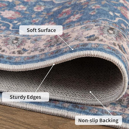 Tangsoo Vintage 2x6 Washable Runner Rug for Hallways,Blue Beige Non-Slip Low Pile Long Rug Runner,Floral Soft Indoor Carpet Runner for Kitchen Bedroom Entryway Laundry