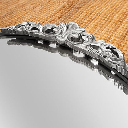 30'' Antique Silver Round Wall Mirror with Metal Flower Carving Frame, Small Vintage Retro Baroque Mirror Ornate, Vanity Mirror for Bathroom, Fireplace,Entryway, Living Room