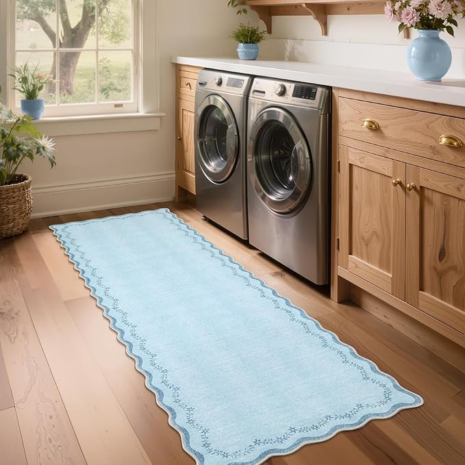GarveeHome 2.5x8 Scalloped Washable Runner Rug for Kitchen, Soft Blue Long Hallway Runner Non Slip Entryway Rug Farmhouse Thin Laundry Mat Stain Resistant Carpet for Bathroom Beside Rug