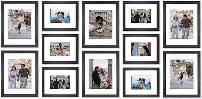 VELISTA 12 Piece Large Rectangle Gallery Wall Frame Set - Photo Frame Set with Mat 8x10 and 11x14 in - Picture Frame Set for Wall Collage made of Engineered Wood –Assorted Black Frames for Gallery Wall