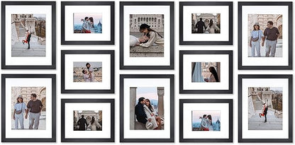 VELISTA 12 Piece Large Rectangle Gallery Wall Frame Set - Photo Frame Set with Mat 8x10 and 11x14 in - Picture Frame Set for Wall Collage made of Engineered Wood –Assorted Black Frames for Gallery Wall