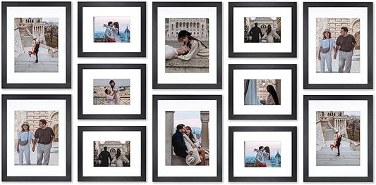 VELISTA 12 Piece Large Rectangle Gallery Wall Frame Set - Photo Frame Set with Mat 8x10 and 11x14 in - Picture Frame Set for Wall Collage made of Engineered Wood –Assorted Black Frames for Gallery Wall