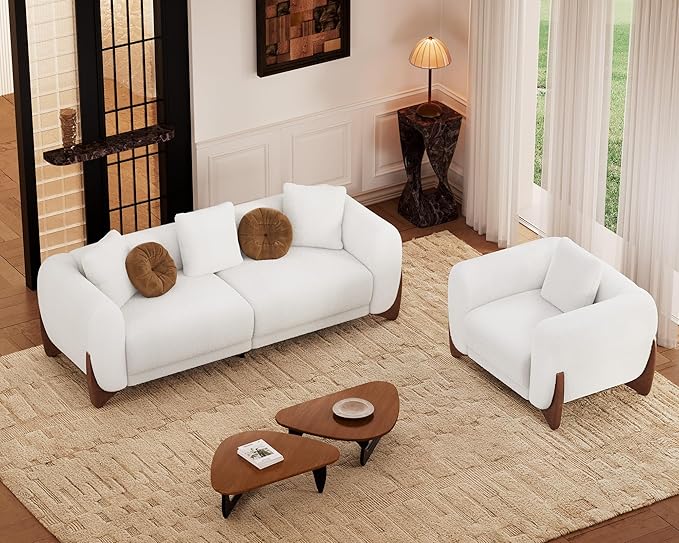 Morden Fort 2 Piece Cloud Couch Set, Modern Sherpa Boucle Sofa Set with Wood Legs, Skin-Friendly Minimalist Upholstered Comfy Couch Sofas for Living Room, 3-Seater Sofa & Accent Arm Chair, White
