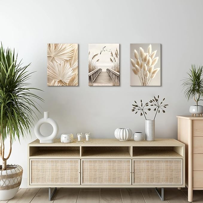 3 Pcs Beige Reeds Botanical Framed Canvas Wall Art Neutral Palm Fronds Wall Paintings Quiet Beach Landscapes Art Prints Picture Home Decor for Bedroom Living Room Office Reay to Hang 12"x16"x3Pcs