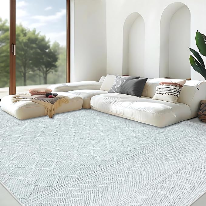 Area Rug for Living Room 9x12: Large Washable Boho Moroccan Rugs Geometric Neutral Rug, Non-Slip Foldable Morden Farmhouse Indoor Floor Carpet for Bedroom Dining Table Home(Modern Grey,9'x12')