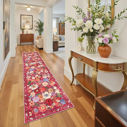 Rug for Hallways Kitchen Rug 2'6" x 14', Non Slip Washable Rugs with Rubber Backing Soft Floral Carpet Runner for Hallways, Kitchen, Laundry, Bedroom, Bathroom, Red Garden
