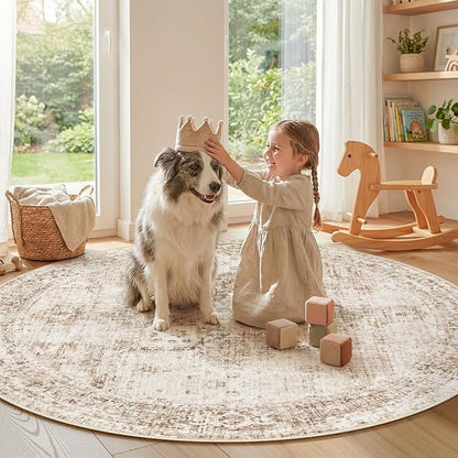 Round Rugs 6ft Washable Rug, Vintage Boho Medallion Rugs Non-Slip Soft Low Pile Circle Distressed Rug Indoor Retro Carpet for Living Room Bedroom Dining Room Home Office (Brown, 6' Round)