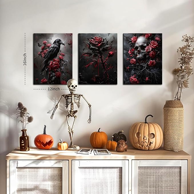 Gothic Canvas Wall Art Set of 3, Romantic Rose Halloween Wall Decor Paintings, Dark Goth Crow Skull Posters Prints for Bathroom Living Room Gallery Home Decor 12x16In Framed